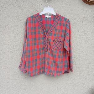 After Eight Flannel Shirt Top Women's Size M Red Plaid Grunge